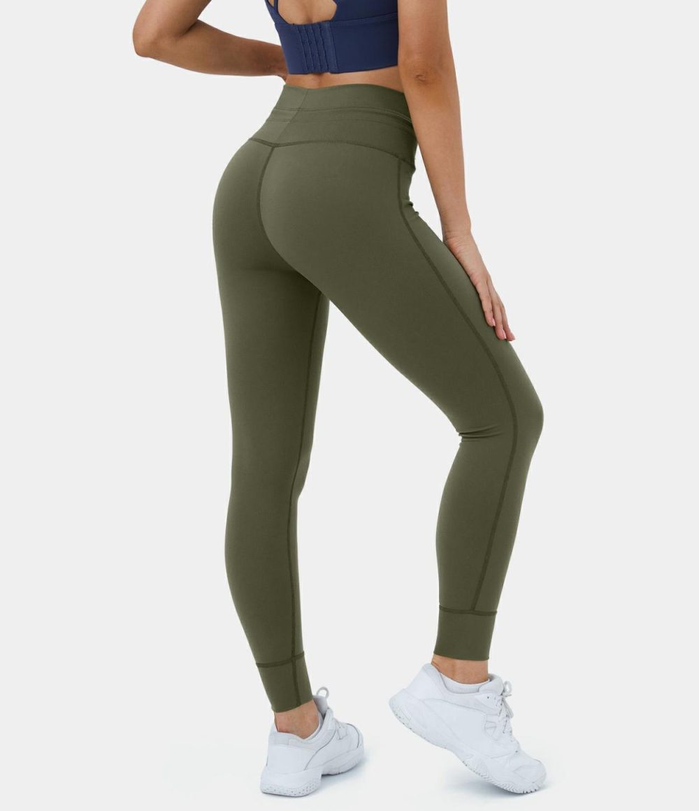 Softlyzero™ High Waisted Drawstring Yoga 7/8 Leggings-UPF50+  | Womens  Yoga Leggings Clothing Black/Grass Grey Green