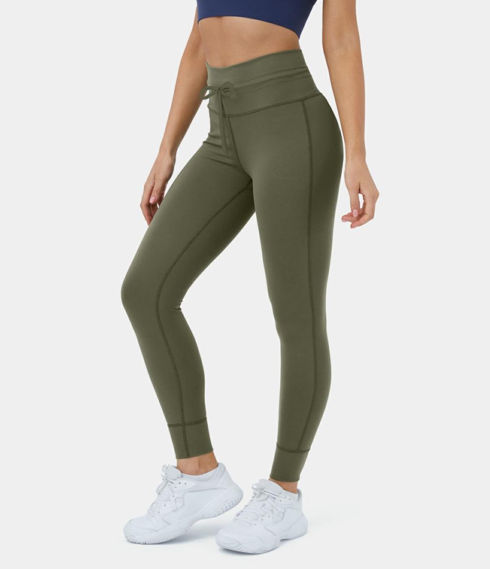 Softlyzero™ High Waisted Drawstring Yoga 7/8 Leggings-UPF50+  | Womens  Yoga Leggings Clothing Black/Grass Grey Green