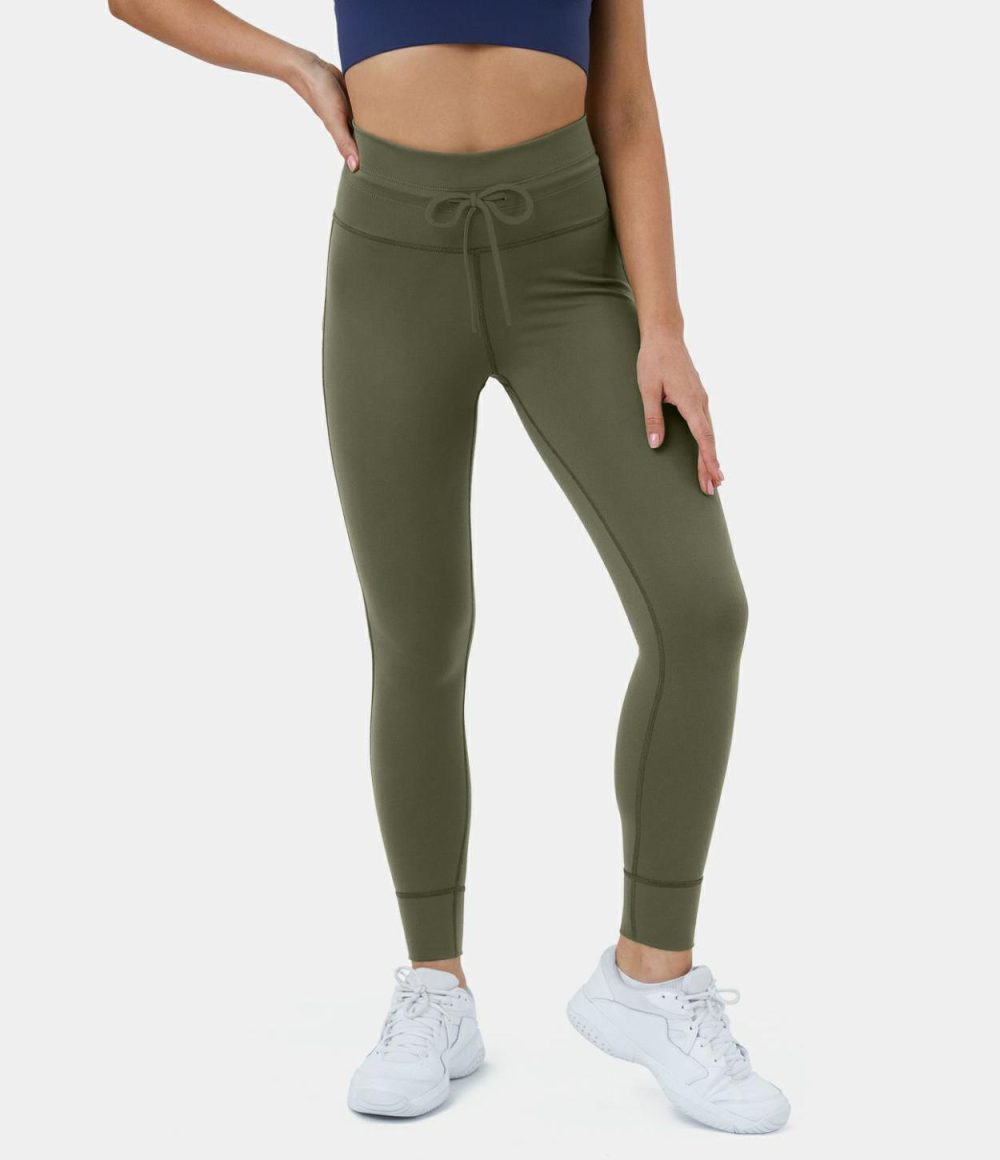 Softlyzero™ High Waisted Drawstring Yoga 7/8 Leggings-UPF50+  | Womens  Yoga Leggings Clothing Black/Grass Grey Green