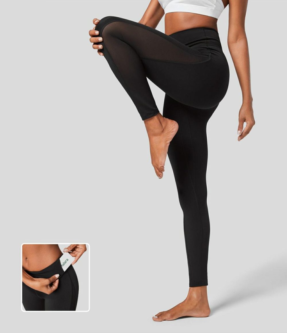 Softlyzero™ High Waisted Inside Pocket Contrast Mesh 7/8 Yoga Leggings-UPF50+  | Womens  Pocket Leggings Clothing Black/Grass Grey Green