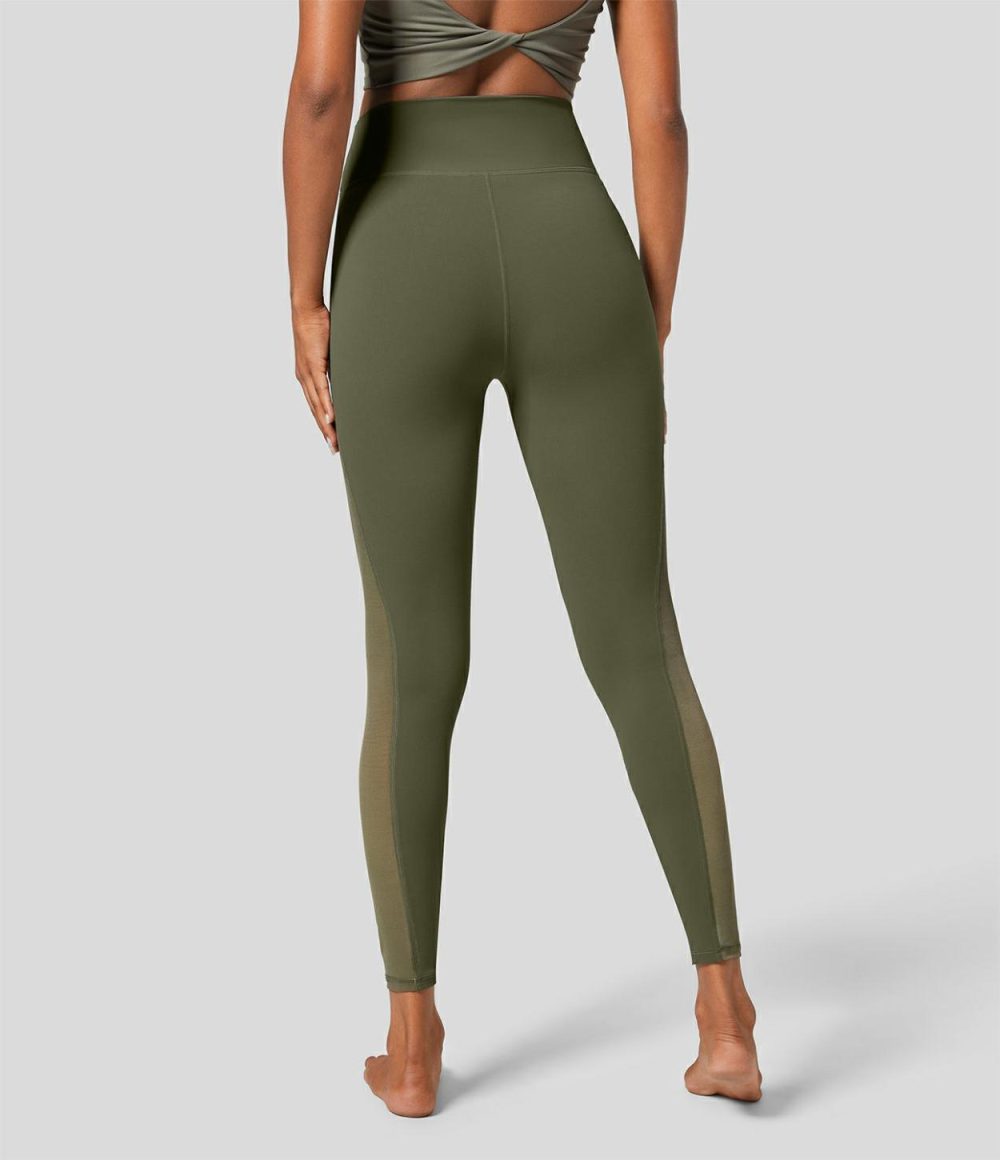 Softlyzero™ High Waisted Inside Pocket Contrast Mesh 7/8 Yoga Leggings-UPF50+  | Womens  Pocket Leggings Clothing Black/Grass Grey Green