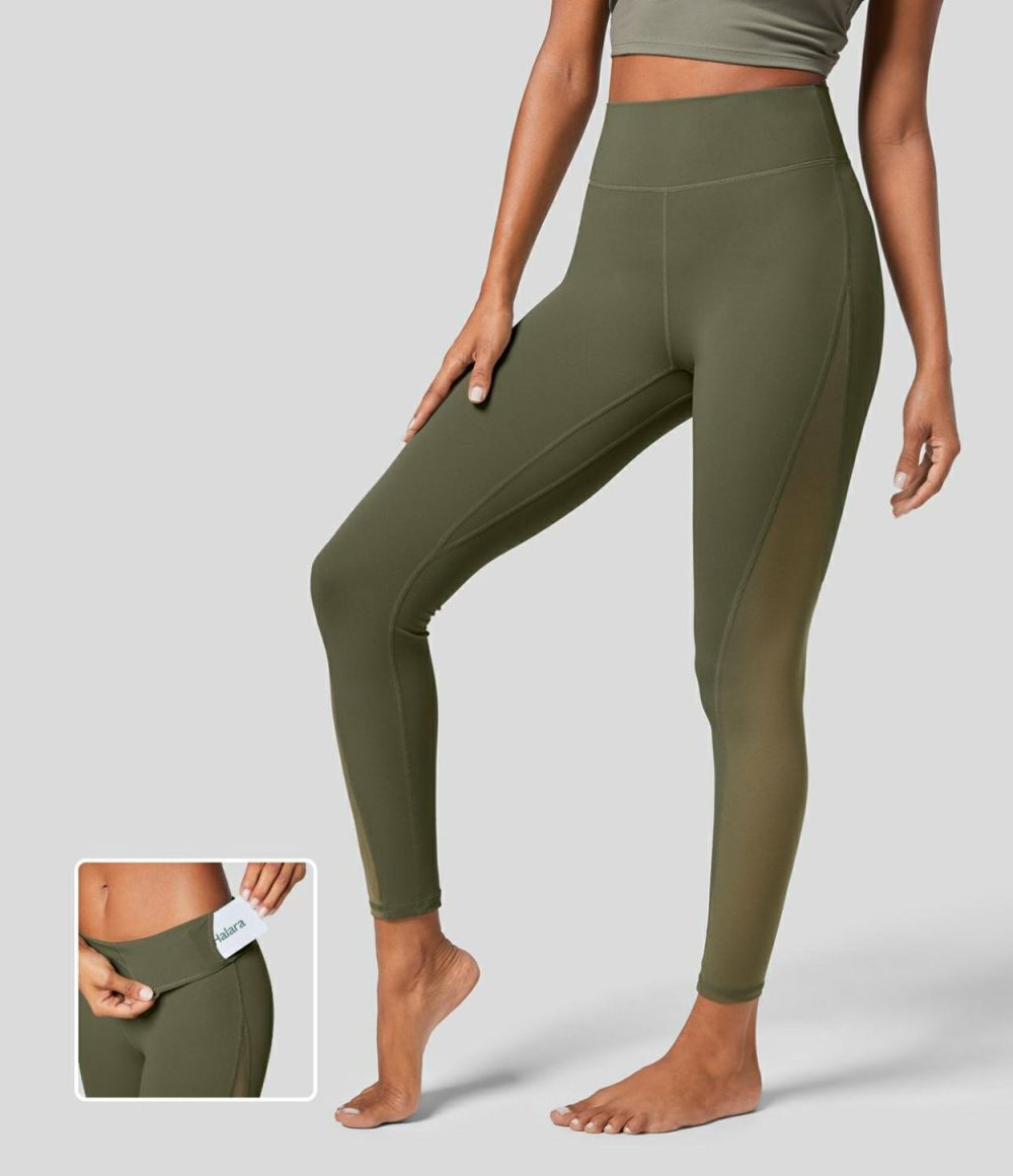 Softlyzero™ High Waisted Inside Pocket Contrast Mesh 7/8 Yoga Leggings-UPF50+  | Womens  Pocket Leggings Clothing Black/Grass Grey Green