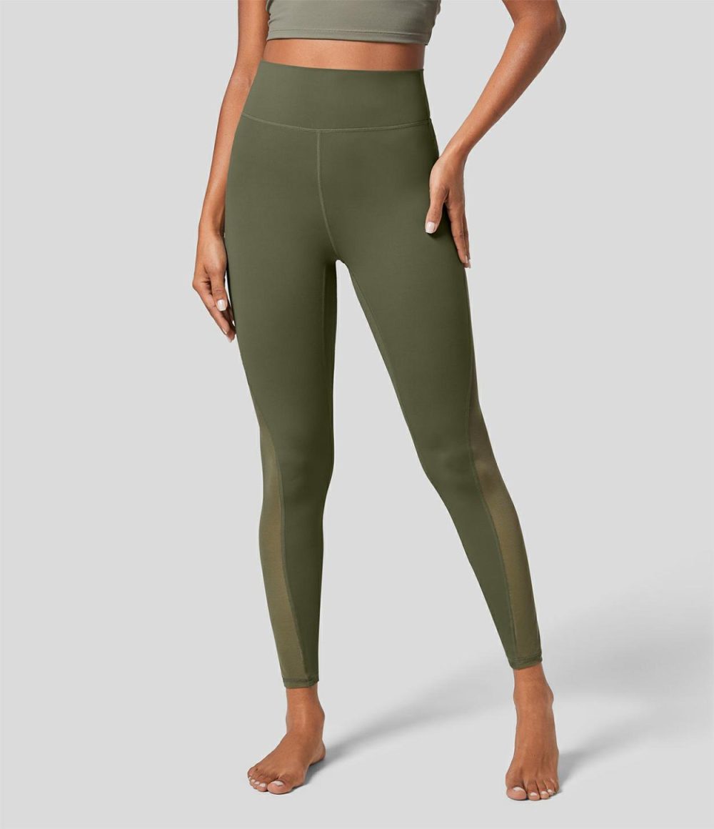 Softlyzero™ High Waisted Inside Pocket Contrast Mesh 7/8 Yoga Leggings-UPF50+  | Womens  Pocket Leggings Clothing Black/Grass Grey Green