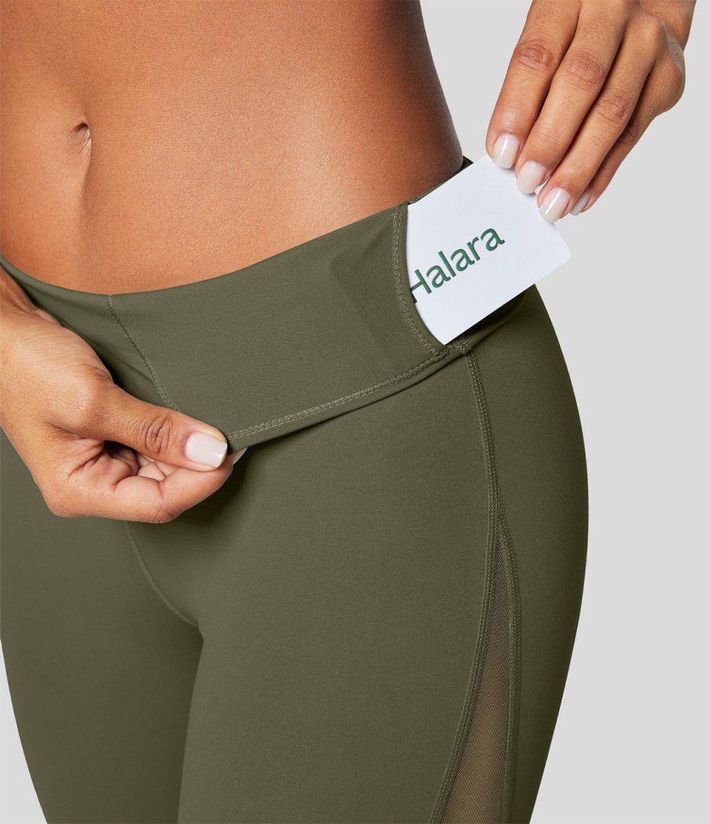 Softlyzero™ High Waisted Inside Pocket Contrast Mesh 7/8 Yoga Leggings-UPF50+  | Womens  Pocket Leggings Clothing Black/Grass Grey Green