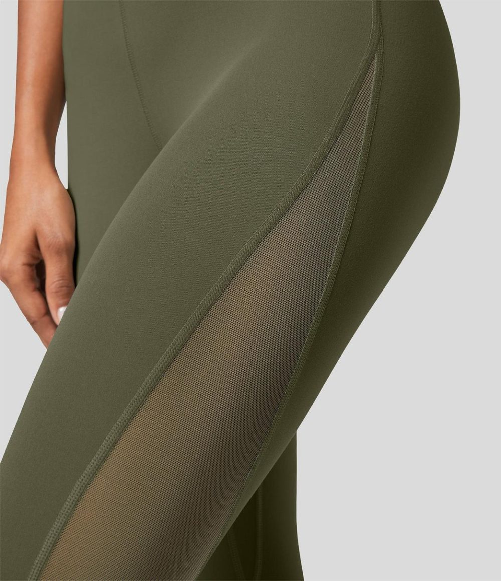 Softlyzero™ High Waisted Inside Pocket Contrast Mesh 7/8 Yoga Leggings-UPF50+  | Womens  Pocket Leggings Clothing Black/Grass Grey Green