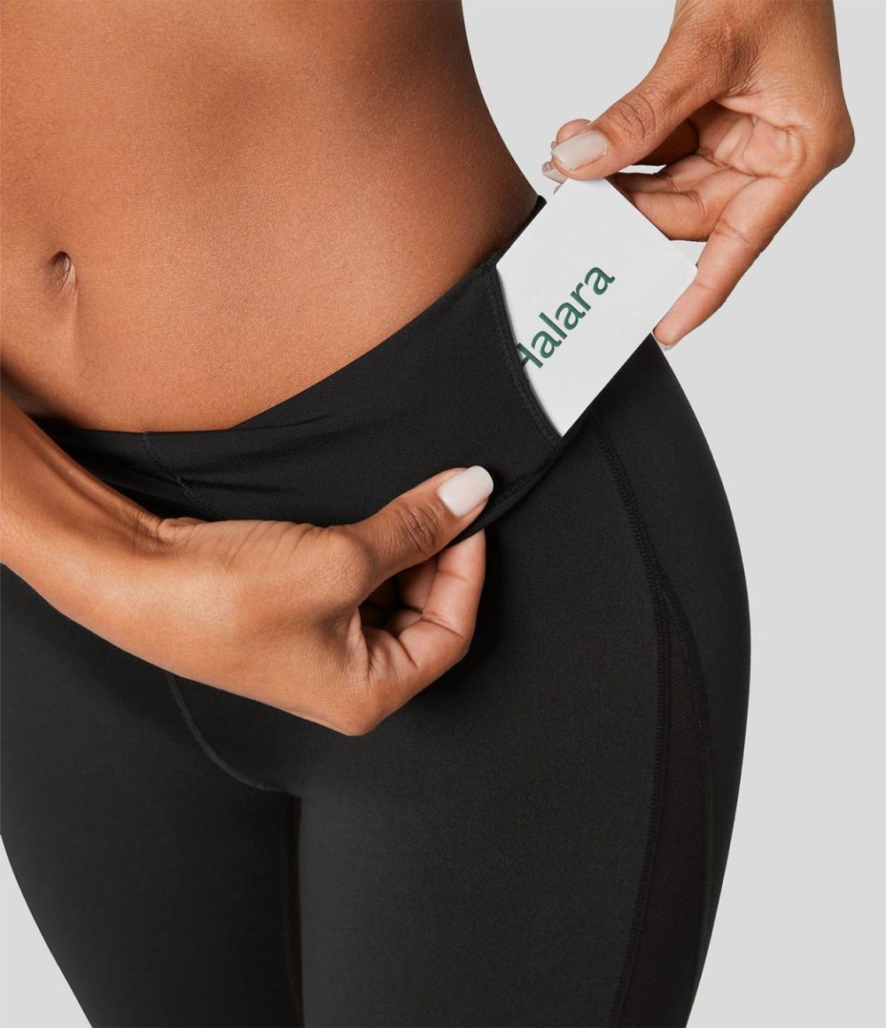 Softlyzero™ High Waisted Inside Pocket Contrast Mesh 7/8 Yoga Leggings-UPF50+  | Womens  Pocket Leggings Clothing Black/Grass Grey Green