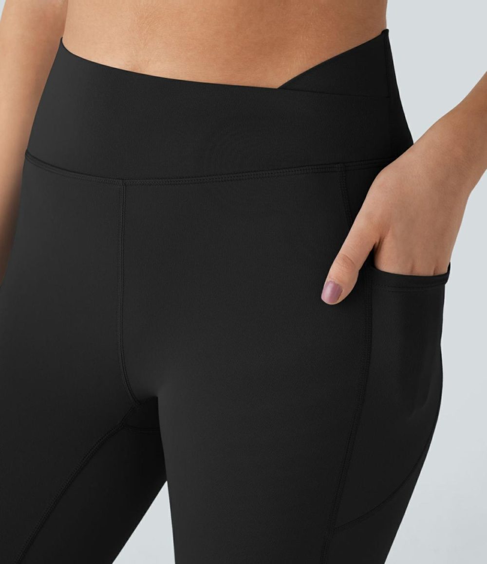 Softlyzero™ High Waisted Side Crossover Pocket Yoga 7/8 Leggings-UPF50+  | Womens  Crossover Leggings Clothing Black/Warm Mid Blue