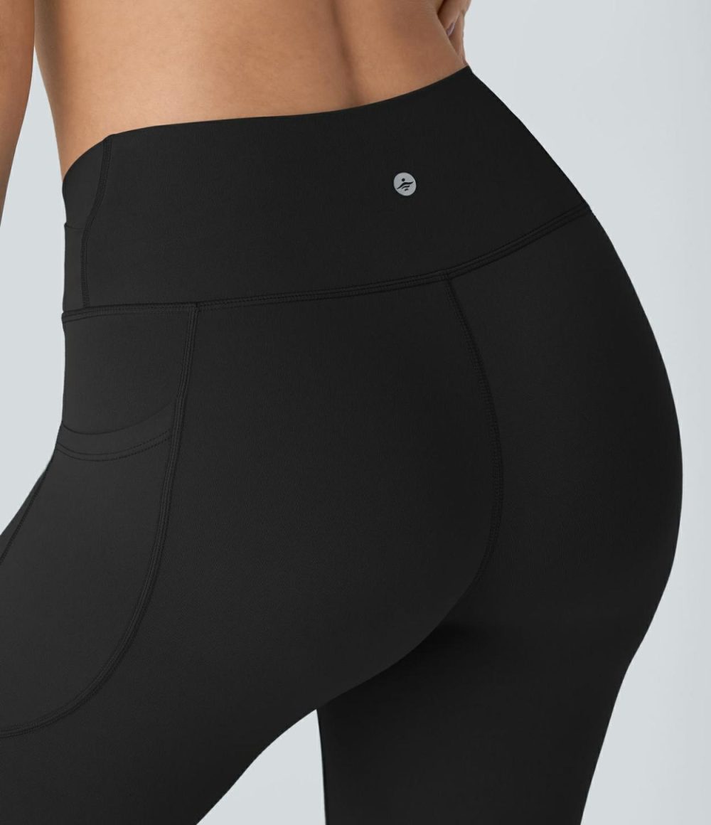 Softlyzero™ High Waisted Side Crossover Pocket Yoga 7/8 Leggings-UPF50+  | Womens  Crossover Leggings Clothing Black/Warm Mid Blue