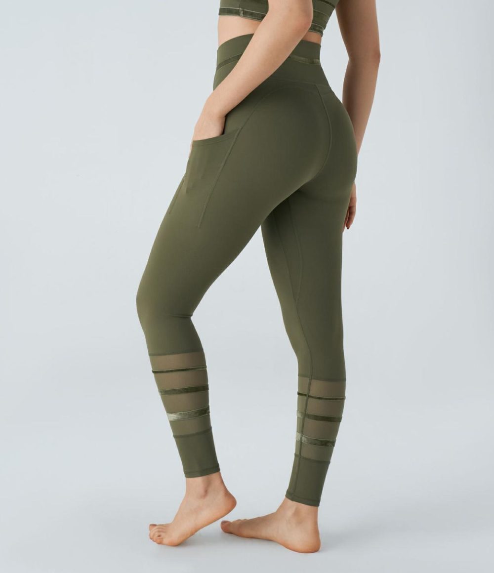 Softlyzero™ High Waisted Side Pocket Contrast Velvet Tape Mesh Yoga 7/8 Leggings-UPF50+  | Womens  Pocket Leggings Clothing Grass Grey Green