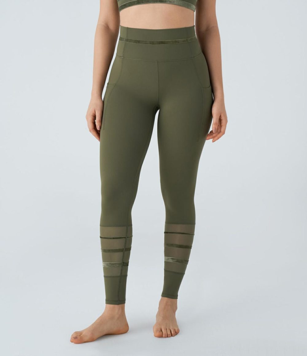 Softlyzero™ High Waisted Side Pocket Contrast Velvet Tape Mesh Yoga 7/8 Leggings-UPF50+  | Womens  Pocket Leggings Clothing Grass Grey Green