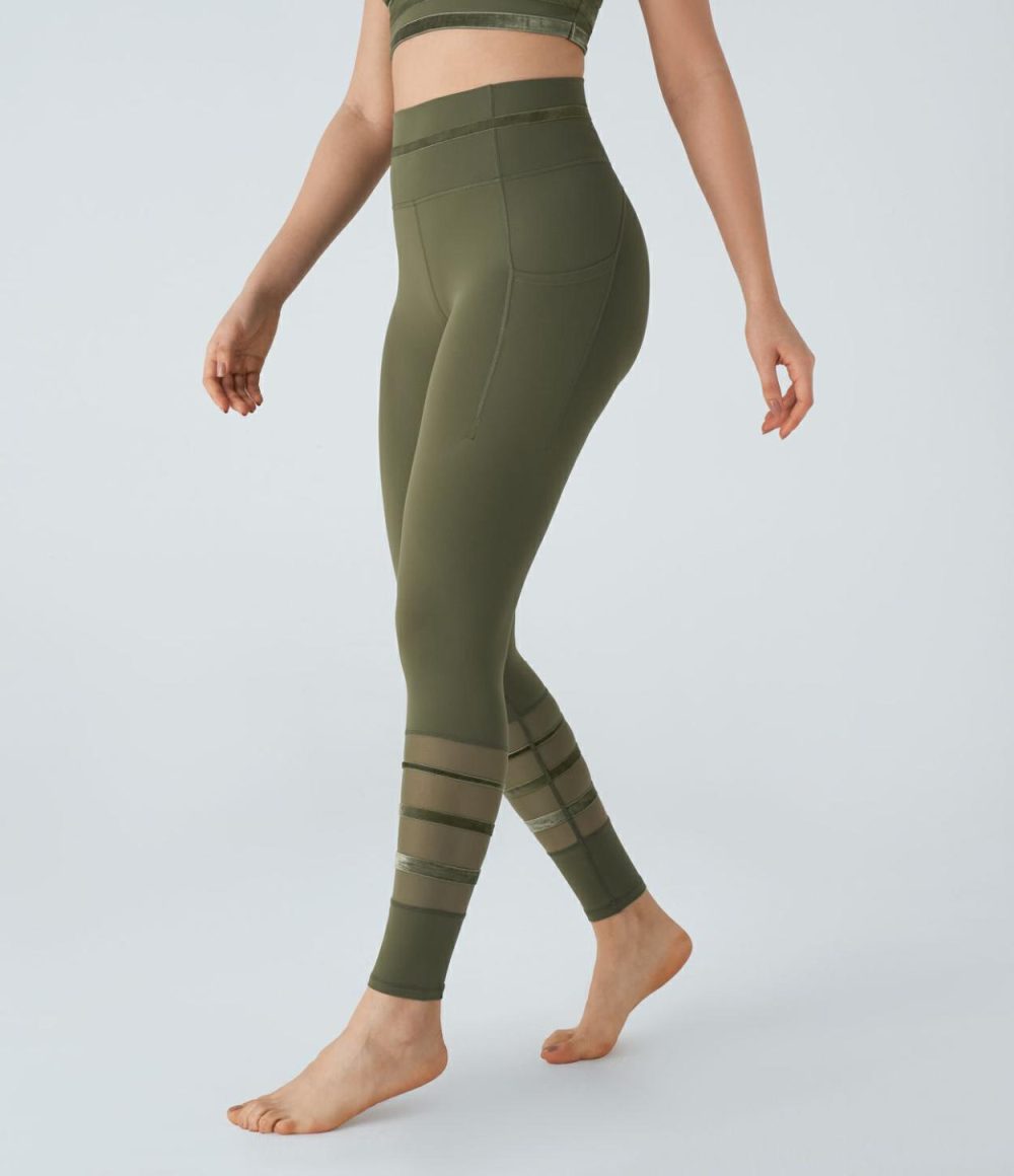 Softlyzero™ High Waisted Side Pocket Contrast Velvet Tape Mesh Yoga 7/8 Leggings-UPF50+  | Womens  Pocket Leggings Clothing Grass Grey Green