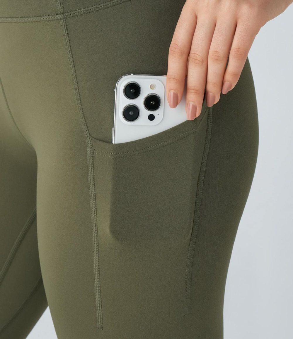 Softlyzero™ High Waisted Side Pocket Contrast Velvet Tape Mesh Yoga 7/8 Leggings-UPF50+  | Womens  Pocket Leggings Clothing Grass Grey Green