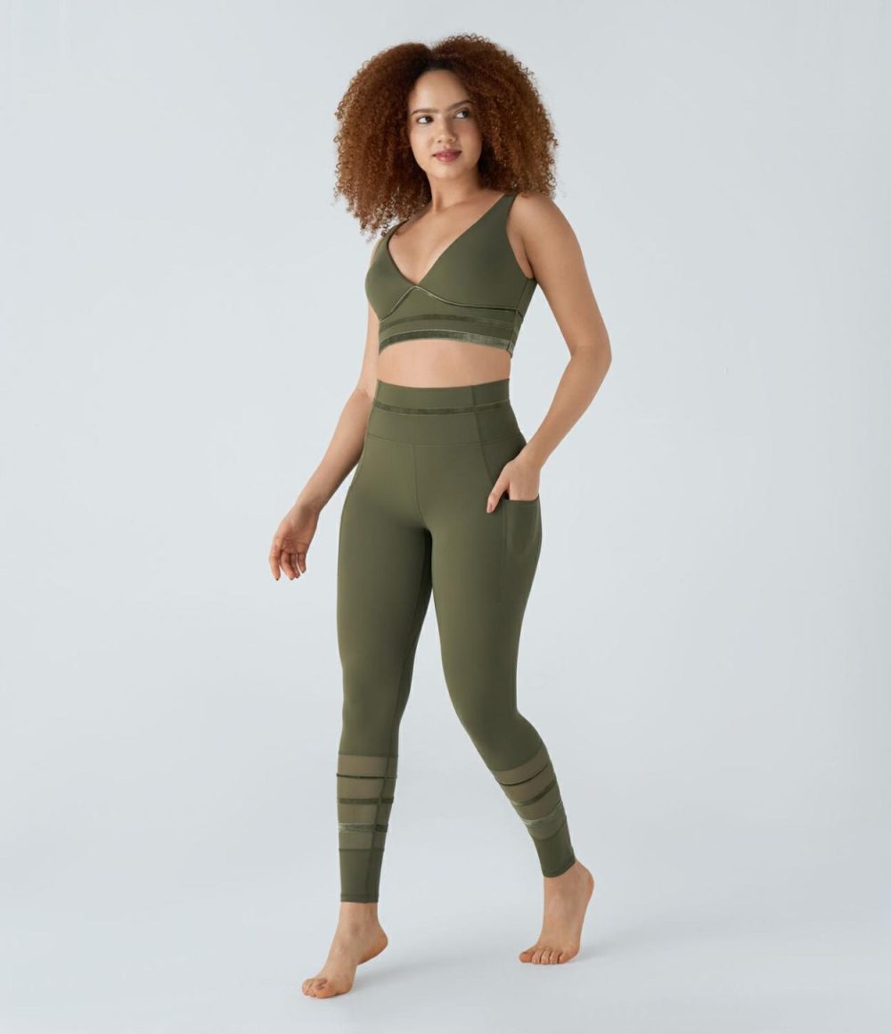 Softlyzero™ High Waisted Side Pocket Contrast Velvet Tape Mesh Yoga 7/8 Leggings-UPF50+  | Womens  Pocket Leggings Clothing Grass Grey Green