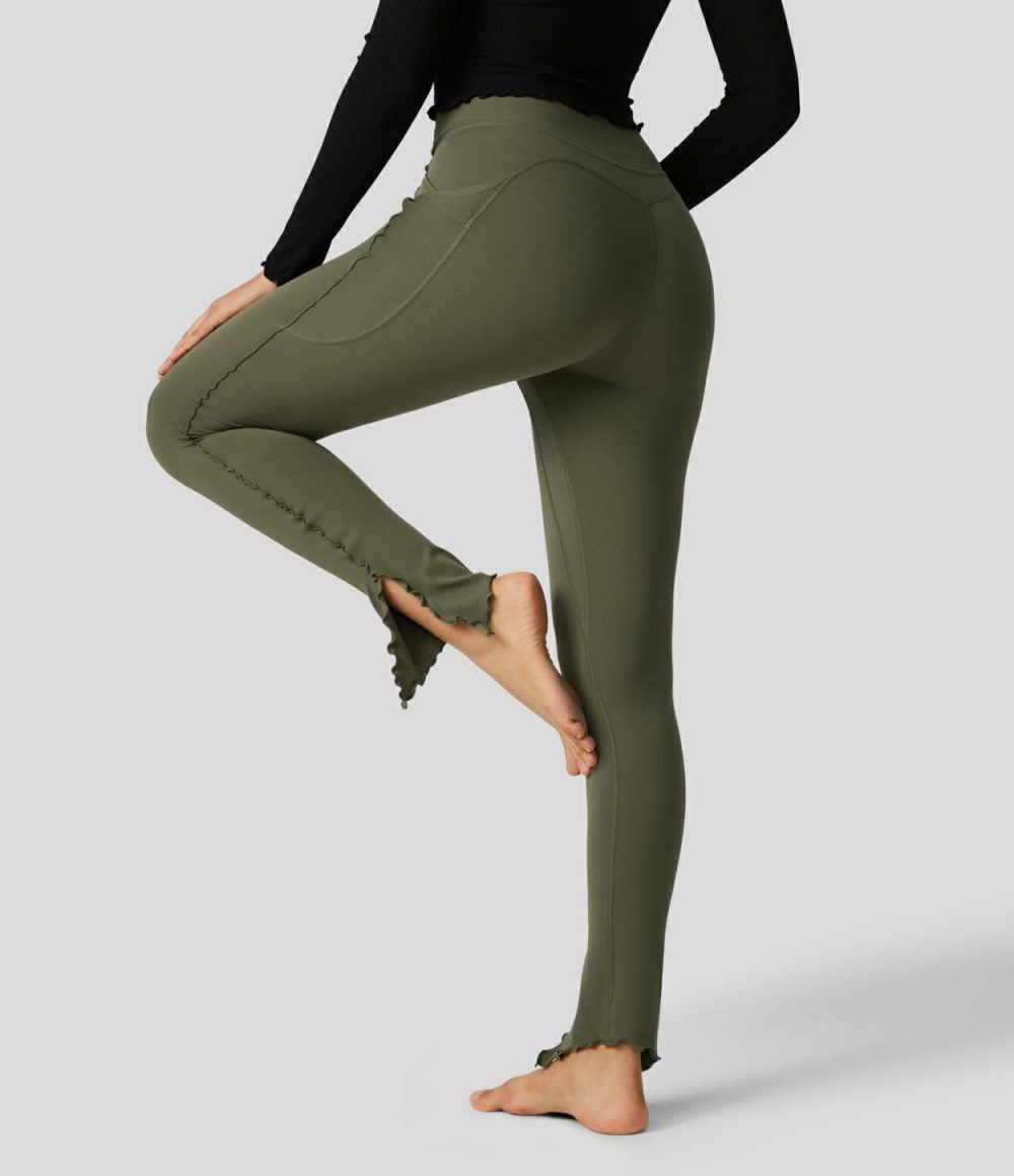 Softlyzero™ High Waisted Side Pocket Split Hem Lettuce Trim Full Length Yoga Leggings-UPF50+  | Womens  Pocket Leggings Clothing Black/Grass Grey Green