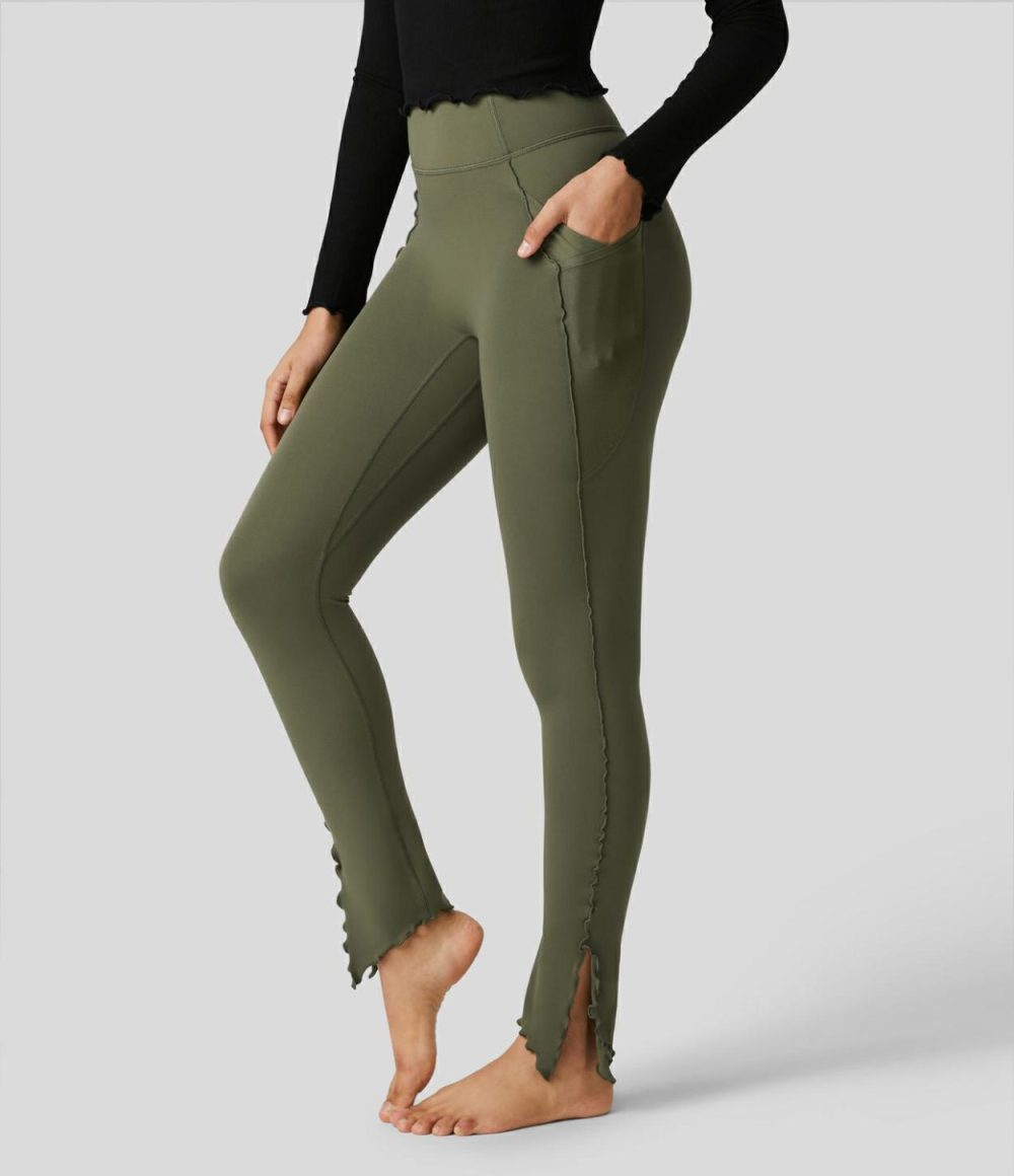 Softlyzero™ High Waisted Side Pocket Split Hem Lettuce Trim Full Length Yoga Leggings-UPF50+  | Womens  Pocket Leggings Clothing Black/Grass Grey Green