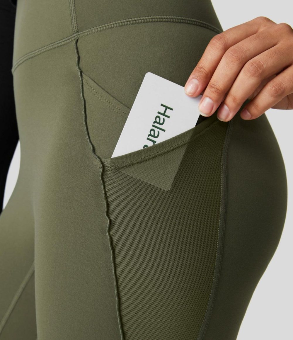 Softlyzero™ High Waisted Side Pocket Split Hem Lettuce Trim Full Length Yoga Leggings-UPF50+  | Womens  Pocket Leggings Clothing Black/Grass Grey Green