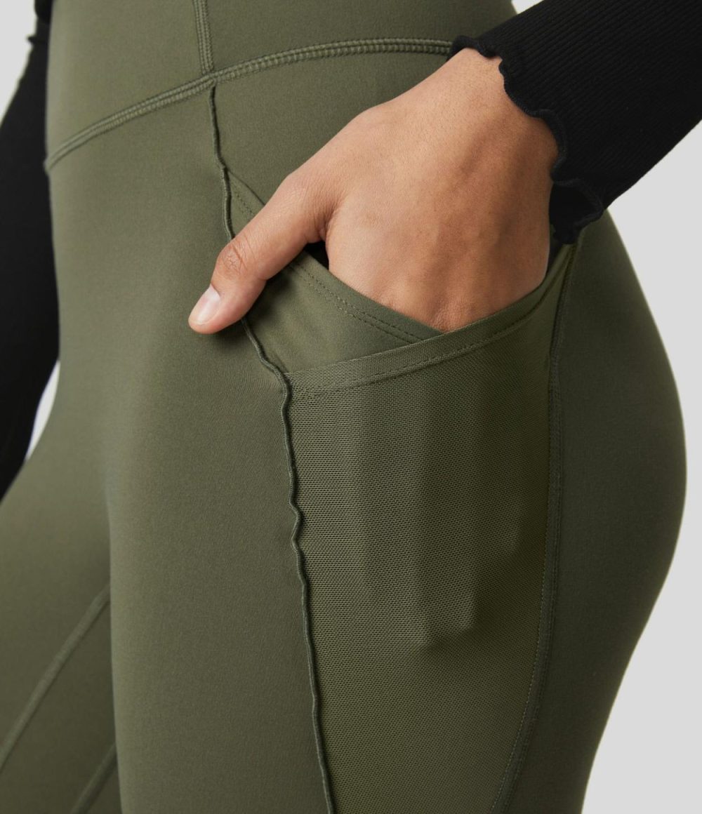 Softlyzero™ High Waisted Side Pocket Split Hem Lettuce Trim Full Length Yoga Leggings-UPF50+  | Womens  Pocket Leggings Clothing Black/Grass Grey Green