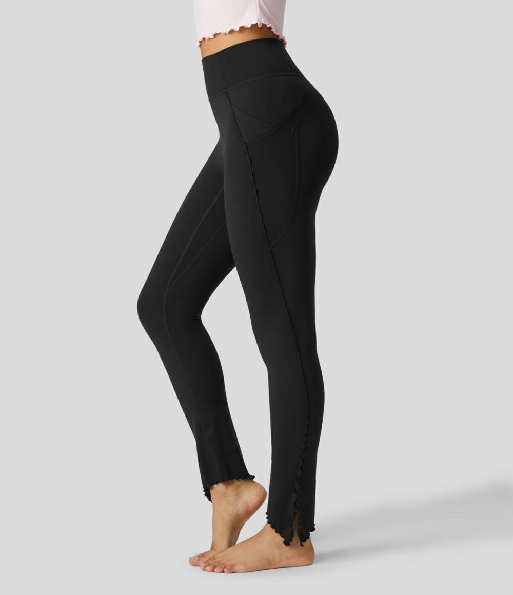 Softlyzero™ High Waisted Side Pocket Split Hem Lettuce Trim Full Length Yoga Leggings-UPF50+  | Womens  Pocket Leggings Clothing Black/Grass Grey Green