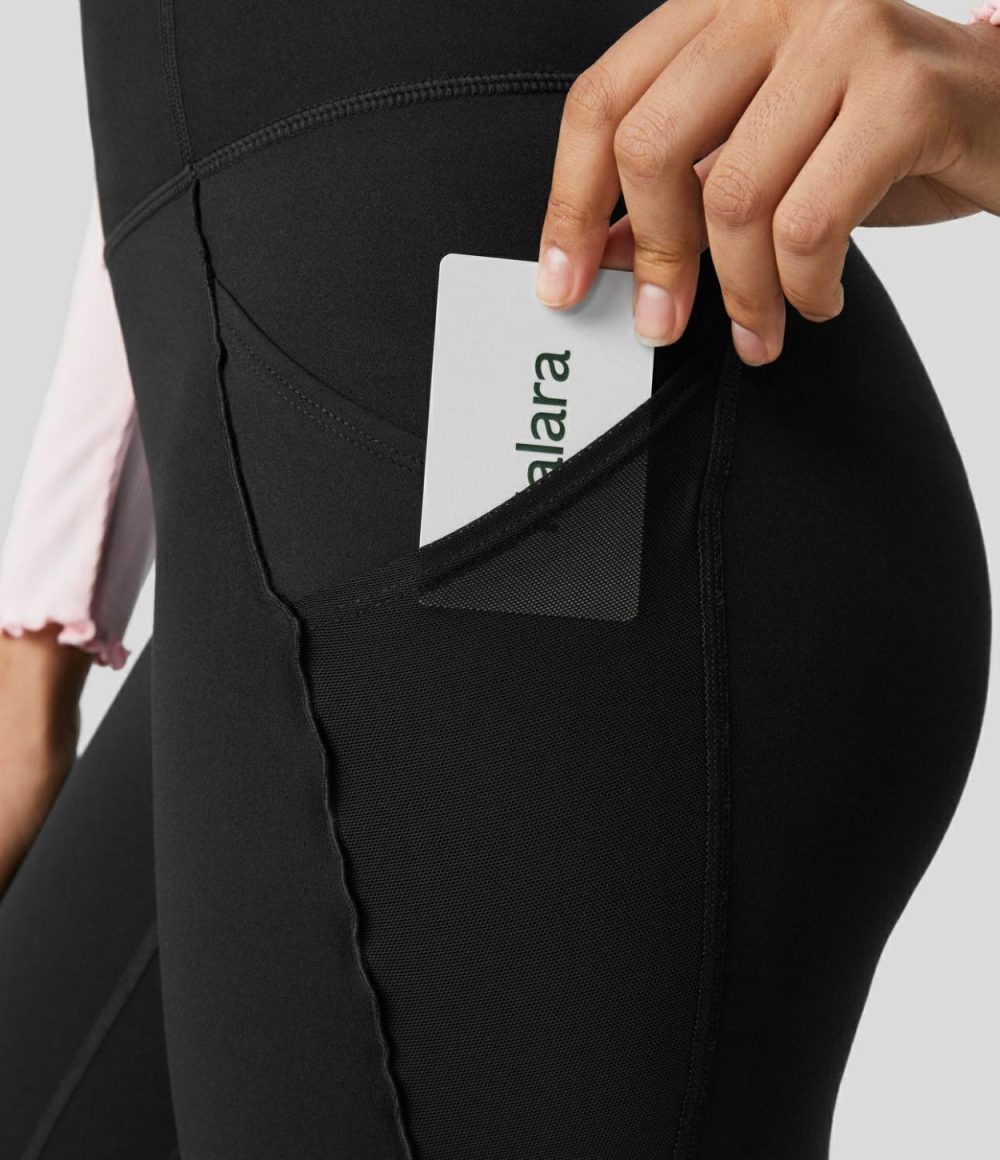 Softlyzero™ High Waisted Side Pocket Split Hem Lettuce Trim Full Length Yoga Leggings-UPF50+  | Womens  Pocket Leggings Clothing Black/Grass Grey Green