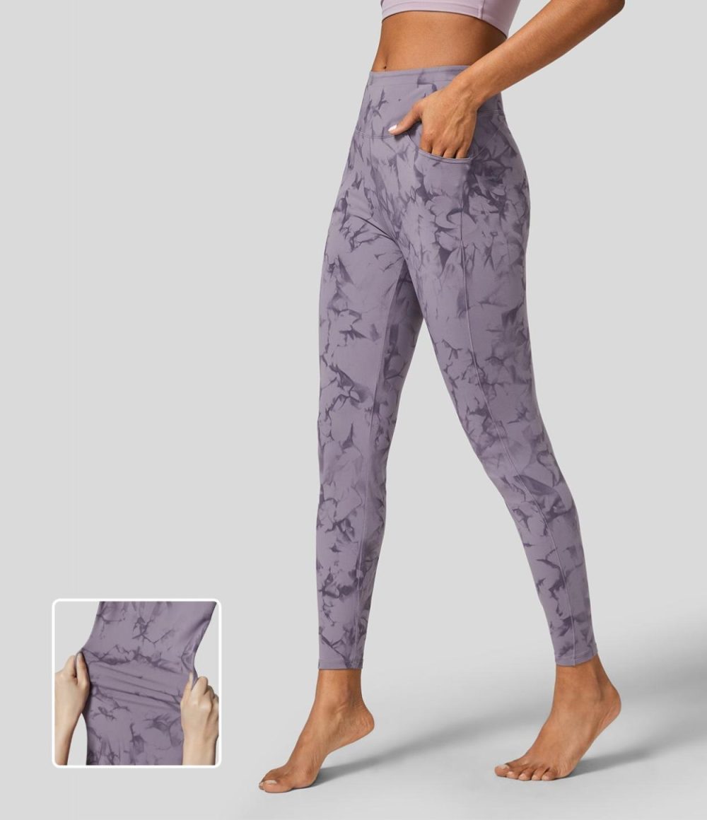 Softlyzero™ High Waisted Side Pocket Tie Dye Yoga 7/8 Leggings  | Womens  Pocket Leggings Clothing Frost Purple Tie Dye/Haze Grey Tie Dye