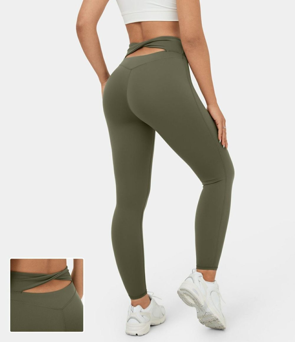 Softlyzero™ High Waisted Twisted Cut Out Yoga 7/8 Leggings-UPF50+  | Womens  Yoga Leggings Clothing Grass Grey Green/Black