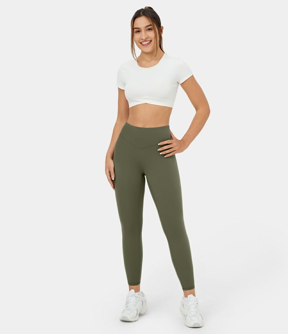 Softlyzero™ High Waisted Twisted Cut Out Yoga 7/8 Leggings-UPF50+  | Womens  Yoga Leggings Clothing Grass Grey Green/Black