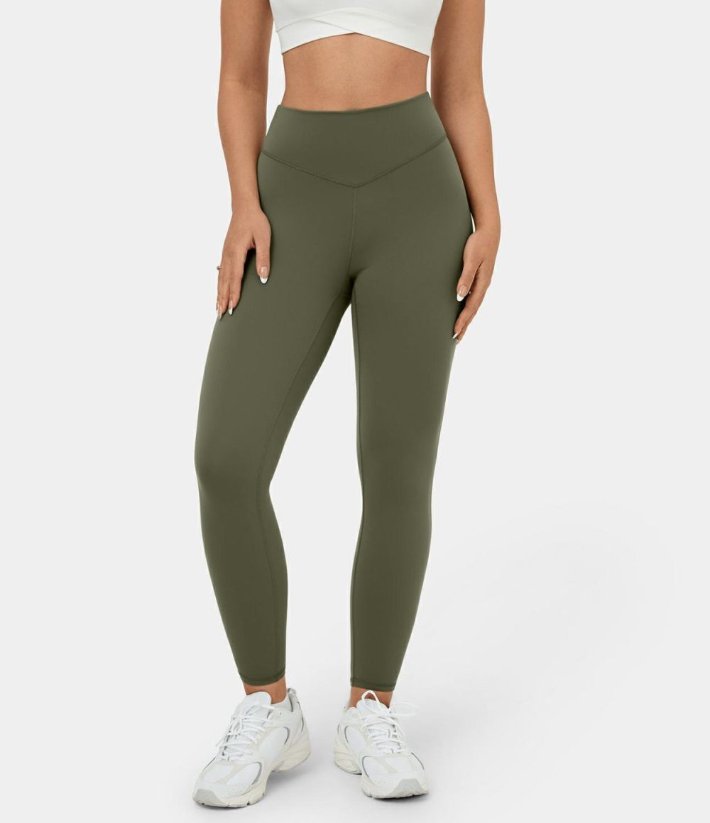 Softlyzero™ High Waisted Twisted Cut Out Yoga 7/8 Leggings-UPF50+  | Womens  Yoga Leggings Clothing Grass Grey Green/Black