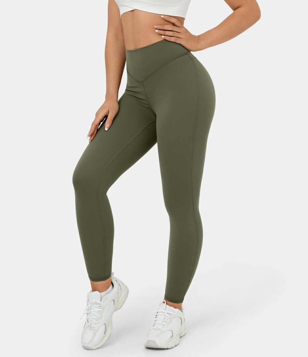 Softlyzero™ High Waisted Twisted Cut Out Yoga 7/8 Leggings-UPF50+  | Womens  Yoga Leggings Clothing Grass Grey Green/Black