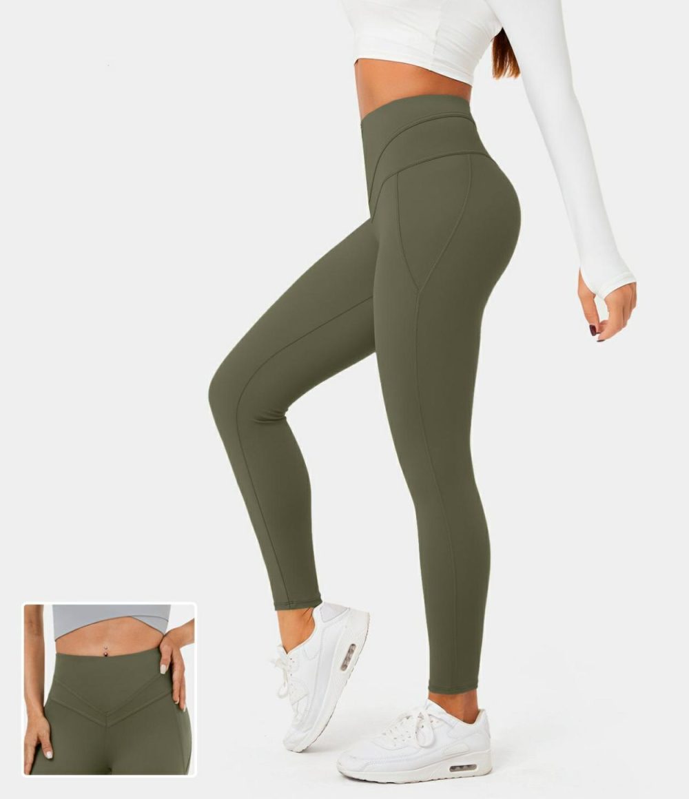 Softlyzero™ High Waisted V Shaped Waistband Plain Yoga 7/8 Leggings-UPF50+  | Womens  Yoga Leggings Clothing Grass Grey Green/Black