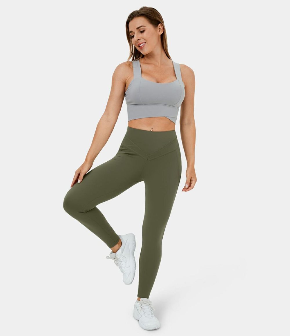 Softlyzero™ High Waisted V Shaped Waistband Plain Yoga 7/8 Leggings-UPF50+  | Womens  Yoga Leggings Clothing Grass Grey Green/Black