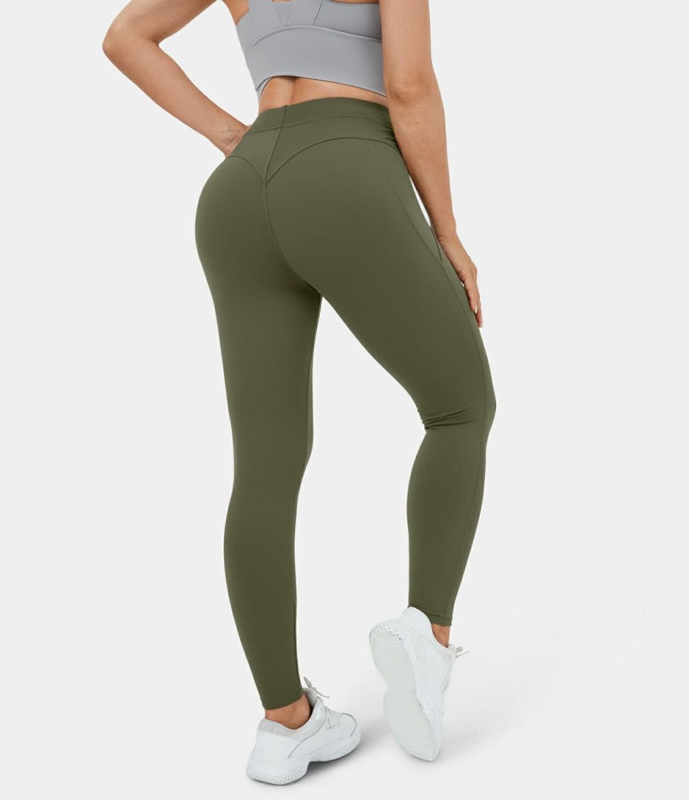 Softlyzero™ High Waisted V Shaped Waistband Plain Yoga 7/8 Leggings-UPF50+  | Womens  Yoga Leggings Clothing Grass Grey Green/Black