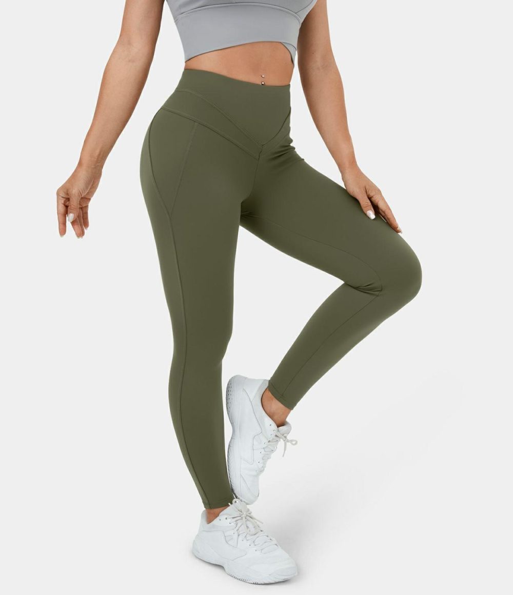 Softlyzero™ High Waisted V Shaped Waistband Plain Yoga 7/8 Leggings-UPF50+  | Womens  Yoga Leggings Clothing Grass Grey Green/Black