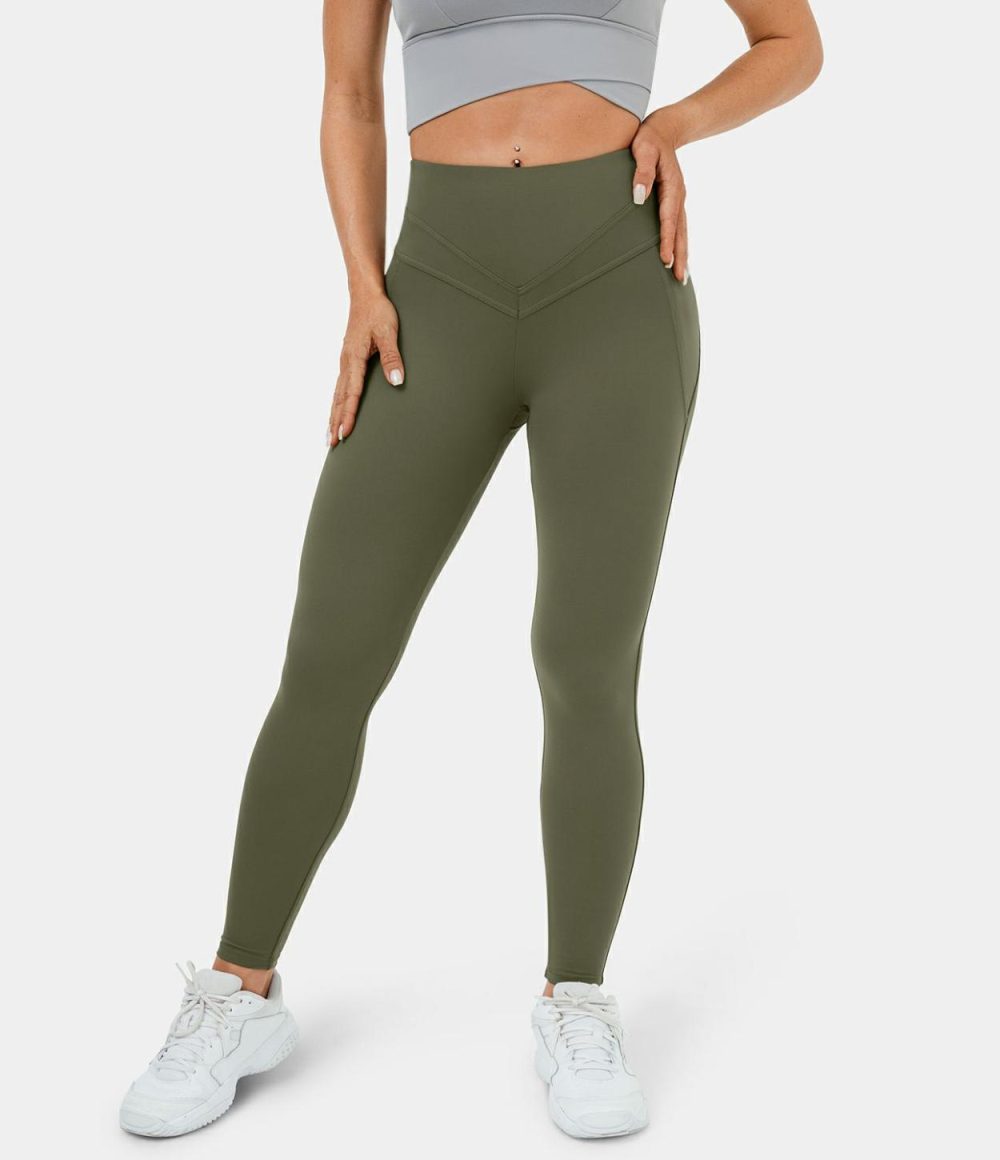 Softlyzero™ High Waisted V Shaped Waistband Plain Yoga 7/8 Leggings-UPF50+  | Womens  Yoga Leggings Clothing Grass Grey Green/Black