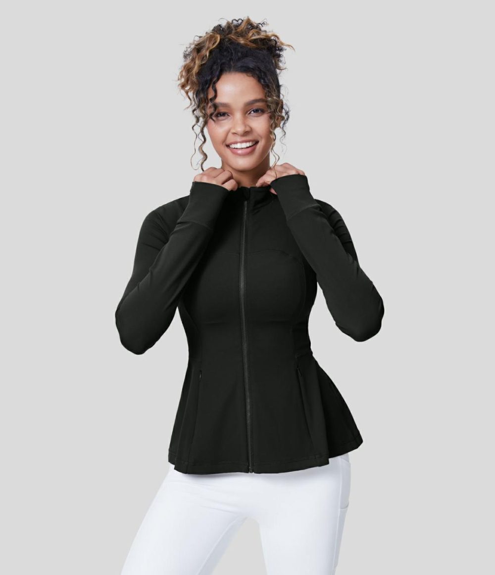 Softlyzero™  Long Sleeve Thumb Hole Side Pocket Zipper Ruffle Hem Slim Yoga Jacket-UPF50+  | Womens  Long Sleeve Tops Clothing Chestnut Brown/Black