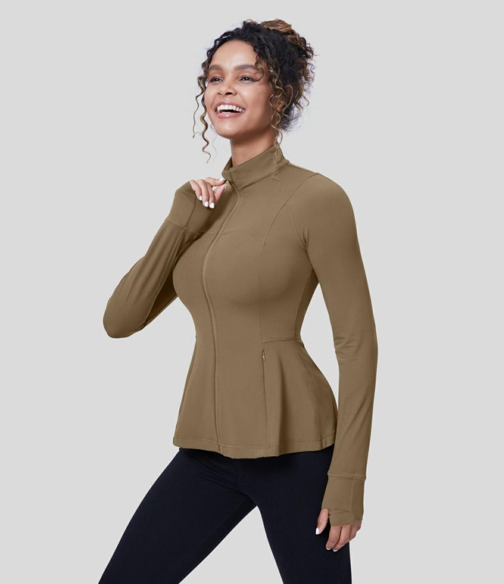 Softlyzero™  Long Sleeve Thumb Hole Side Pocket Zipper Ruffle Hem Slim Yoga Jacket-UPF50+  | Womens  Long Sleeve Tops Clothing Chestnut Brown/Black