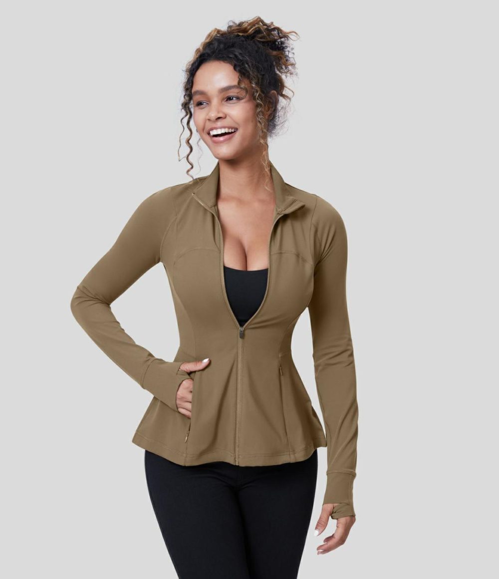 Softlyzero™  Long Sleeve Thumb Hole Side Pocket Zipper Ruffle Hem Slim Yoga Jacket-UPF50+  | Womens  Long Sleeve Tops Clothing Chestnut Brown/Black