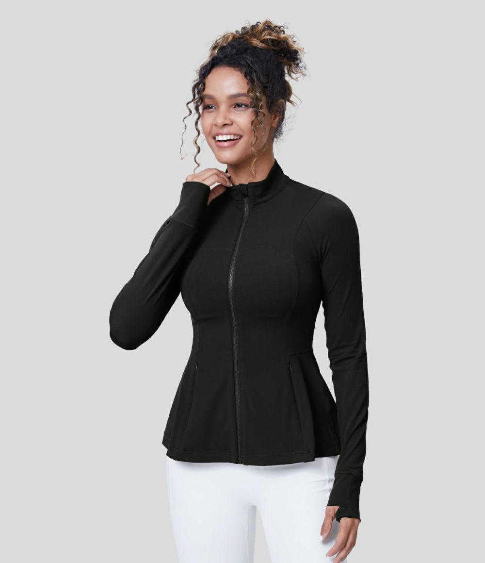 Softlyzero™  Long Sleeve Thumb Hole Side Pocket Zipper Ruffle Hem Slim Yoga Jacket-UPF50+  | Womens  Long Sleeve Tops Clothing Chestnut Brown/Black