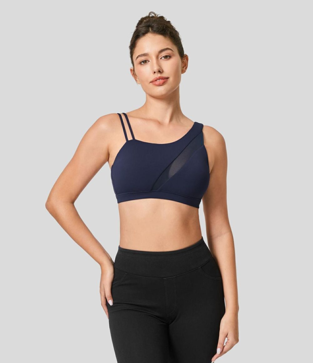 Softlyzero™ Low Support Asymmetric Strap Contrast Mesh Backless Yoga Sports Bra-UPF50+  | Womens  Sports Bras Clothing Peacoat/Black