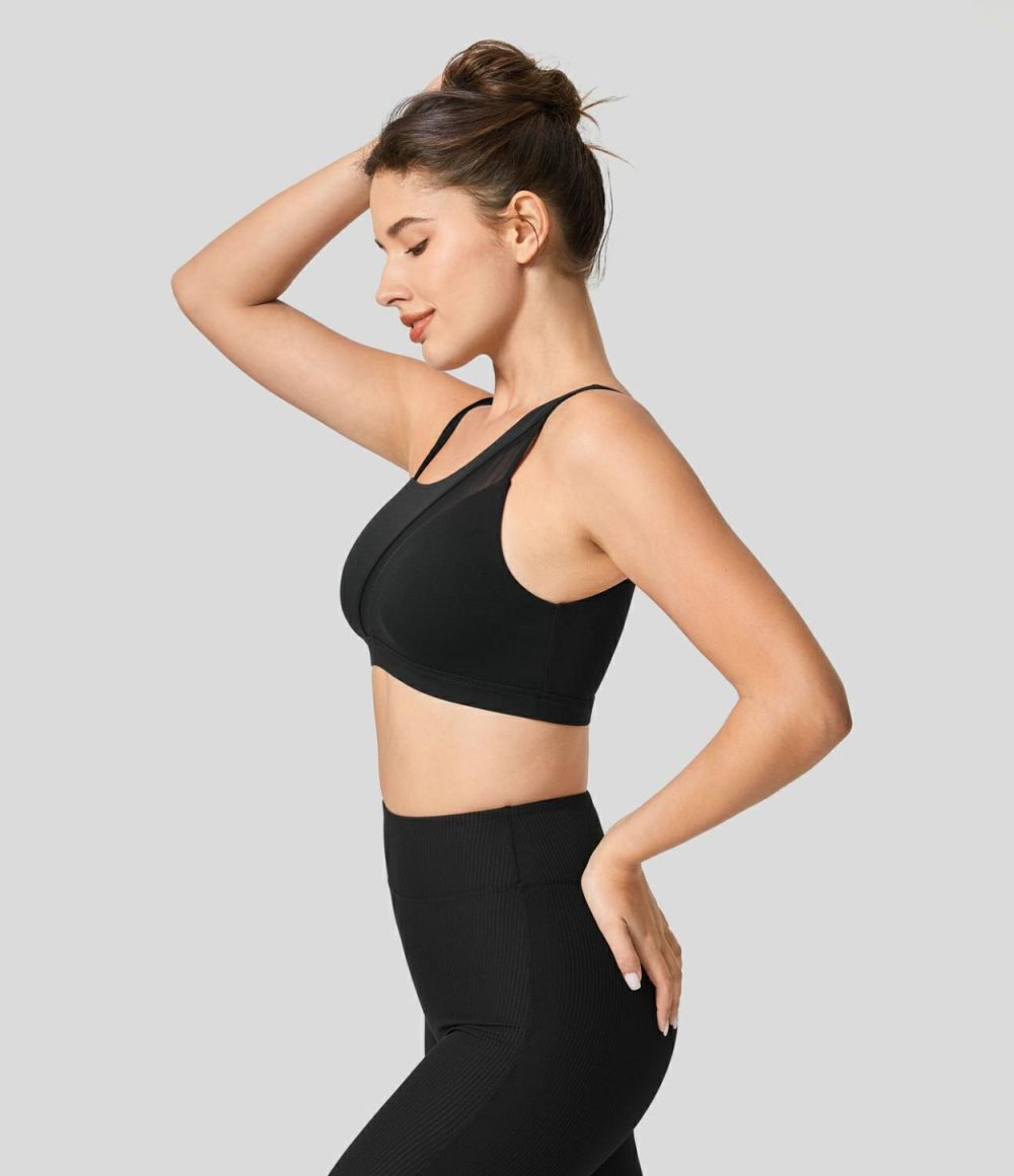 Softlyzero™ Low Support Asymmetric Strap Contrast Mesh Backless Yoga Sports Bra-UPF50+  | Womens  Sports Bras Clothing Peacoat/Black