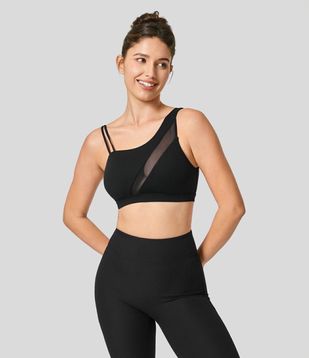 Softlyzero™ Low Support Asymmetric Strap Contrast Mesh Backless Yoga Sports Bra-UPF50+  | Womens  Sports Bras Clothing Peacoat/Black