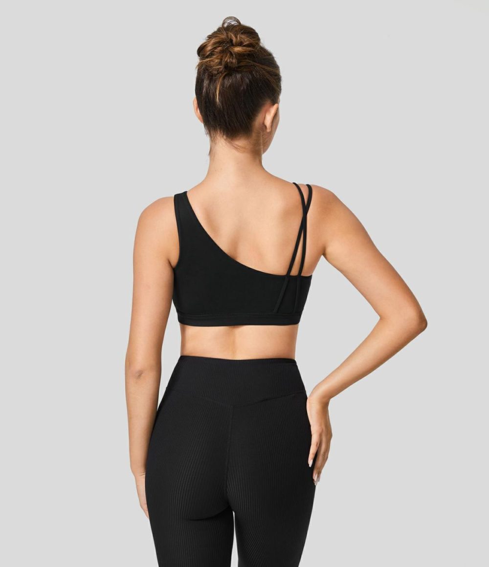 Softlyzero™ Low Support Asymmetric Strap Contrast Mesh Backless Yoga Sports Bra-UPF50+  | Womens  Sports Bras Clothing Peacoat/Black