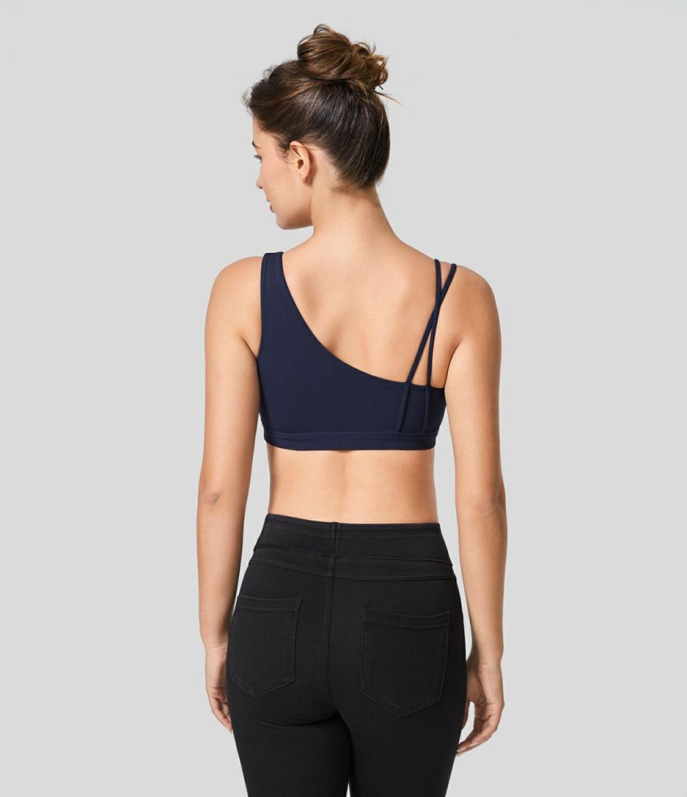 Softlyzero™ Low Support Asymmetric Strap Contrast Mesh Backless Yoga Sports Bra-UPF50+  | Womens  Sports Bras Clothing Peacoat/Black