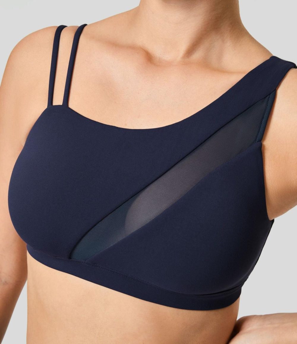 Softlyzero™ Low Support Asymmetric Strap Contrast Mesh Backless Yoga Sports Bra-UPF50+  | Womens  Sports Bras Clothing Peacoat/Black