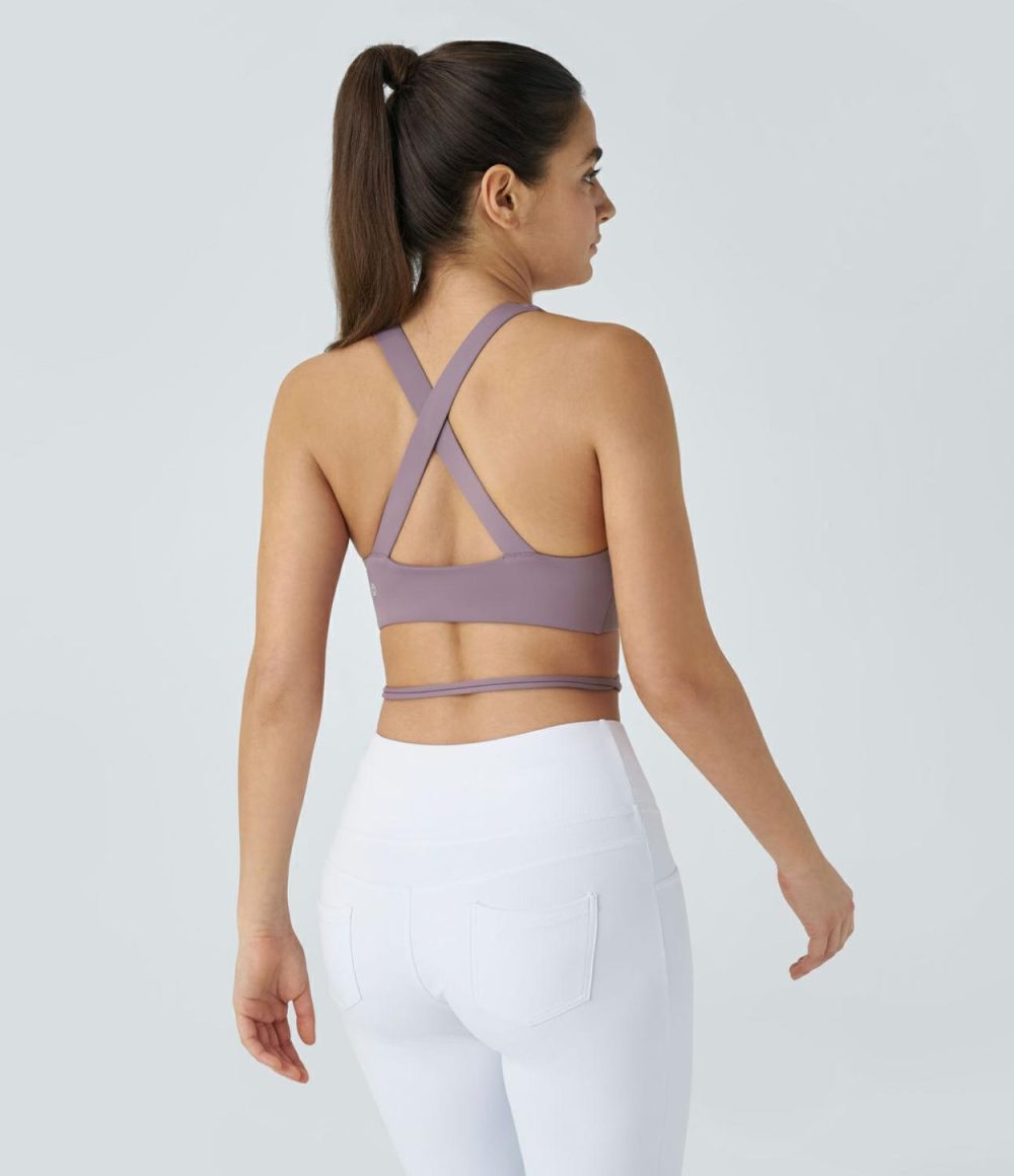 Softlyzero™ Low Support Backless Crisscross Tie Side Yoga Sports Bra-UPF50+  | Womens  Sports Bras Clothing Cinnabar Purple/Black