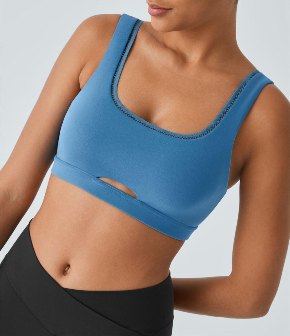 Softlyzero™ Low Support Backless Cut Out Yoga Sports Bra-UPF50+  | Womens  Sports Bras Clothing Gloomy Blue/Black