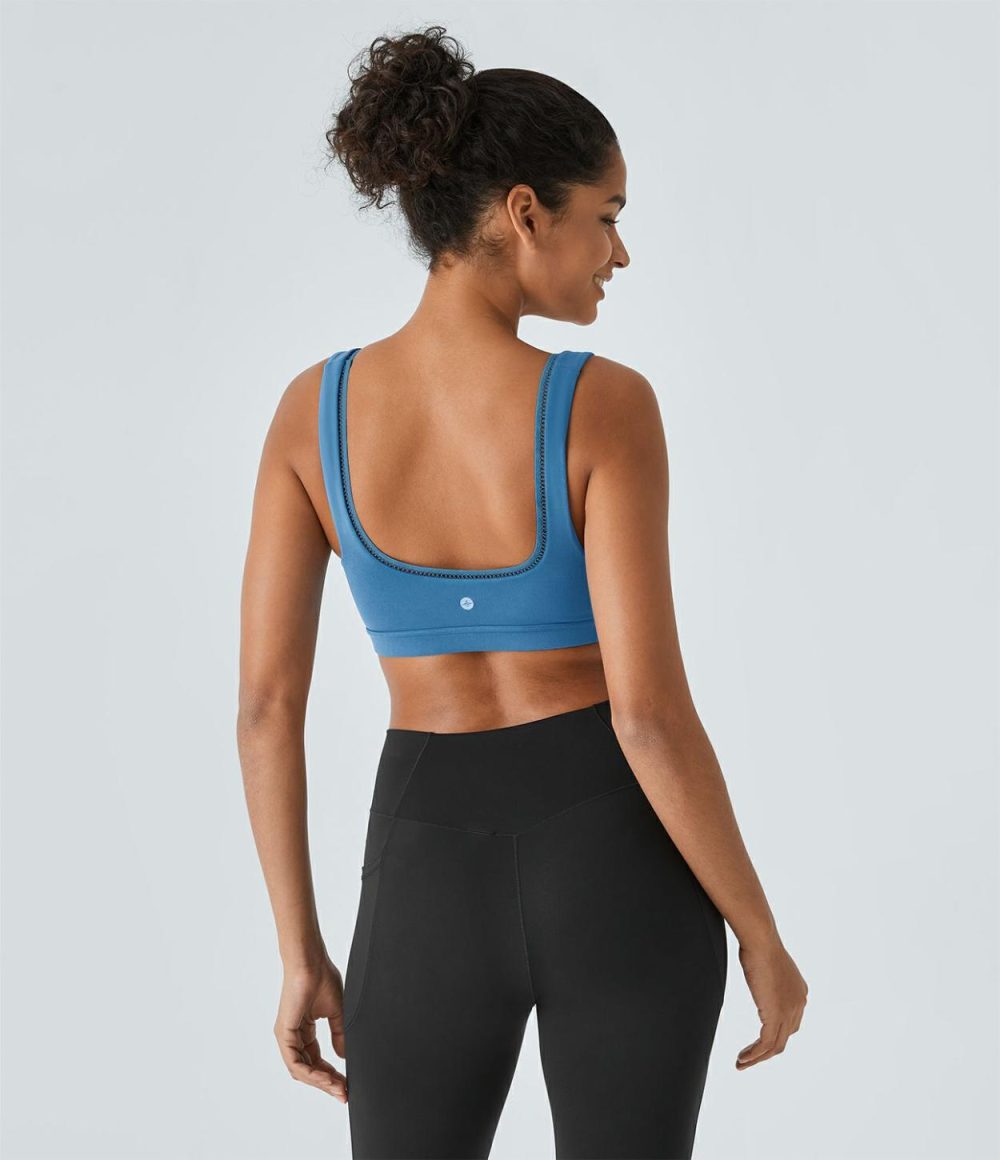 Softlyzero™ Low Support Backless Cut Out Yoga Sports Bra-UPF50+  | Womens  Sports Bras Clothing Gloomy Blue/Black