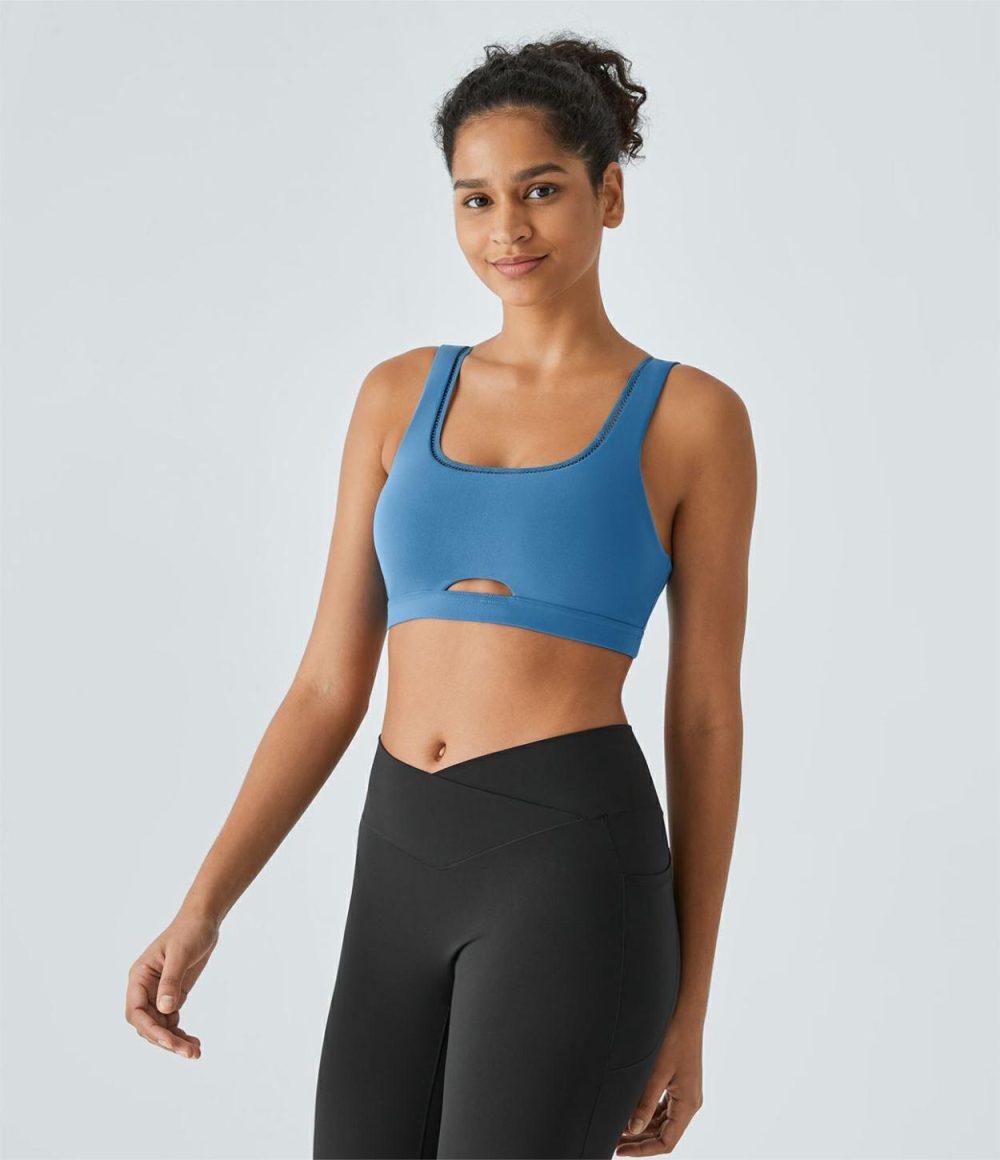 Softlyzero™ Low Support Backless Cut Out Yoga Sports Bra-UPF50+  | Womens  Sports Bras Clothing Gloomy Blue/Black