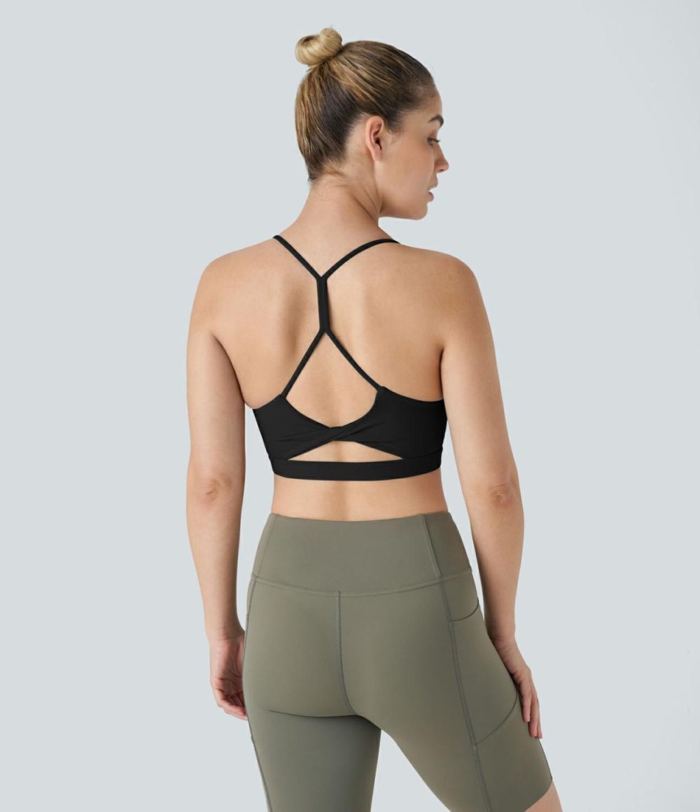 Softlyzero™ Low Support Backless Twisted Cut Out Yoga Sports Bra-UPF50+  | Womens  Sports Bras Clothing Black/Island Paradise