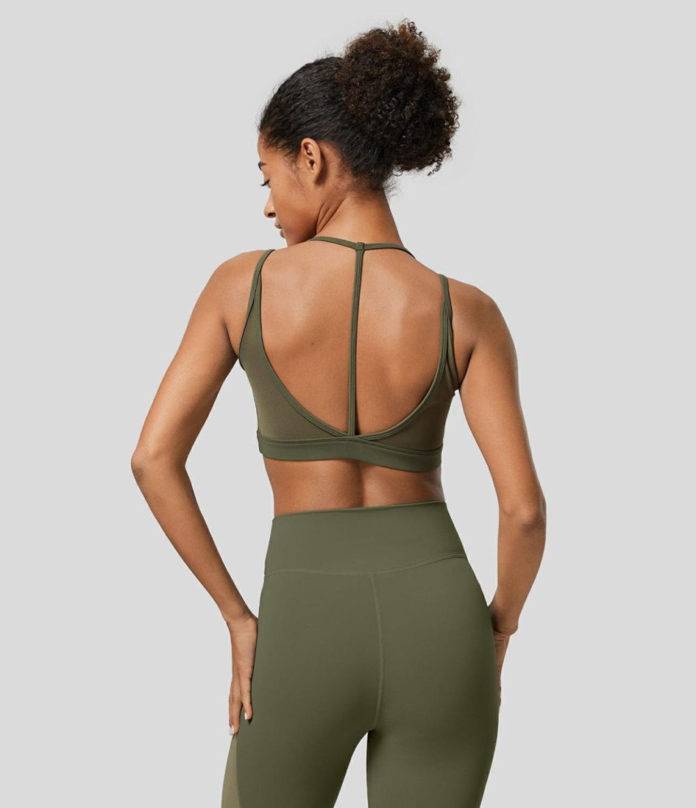 Softlyzero™ Low Support Halter Backless Contrast Mesh Yoga Sports Bra-UPF50+  | Womens  Sports Bras Clothing Grass Grey Green/Black