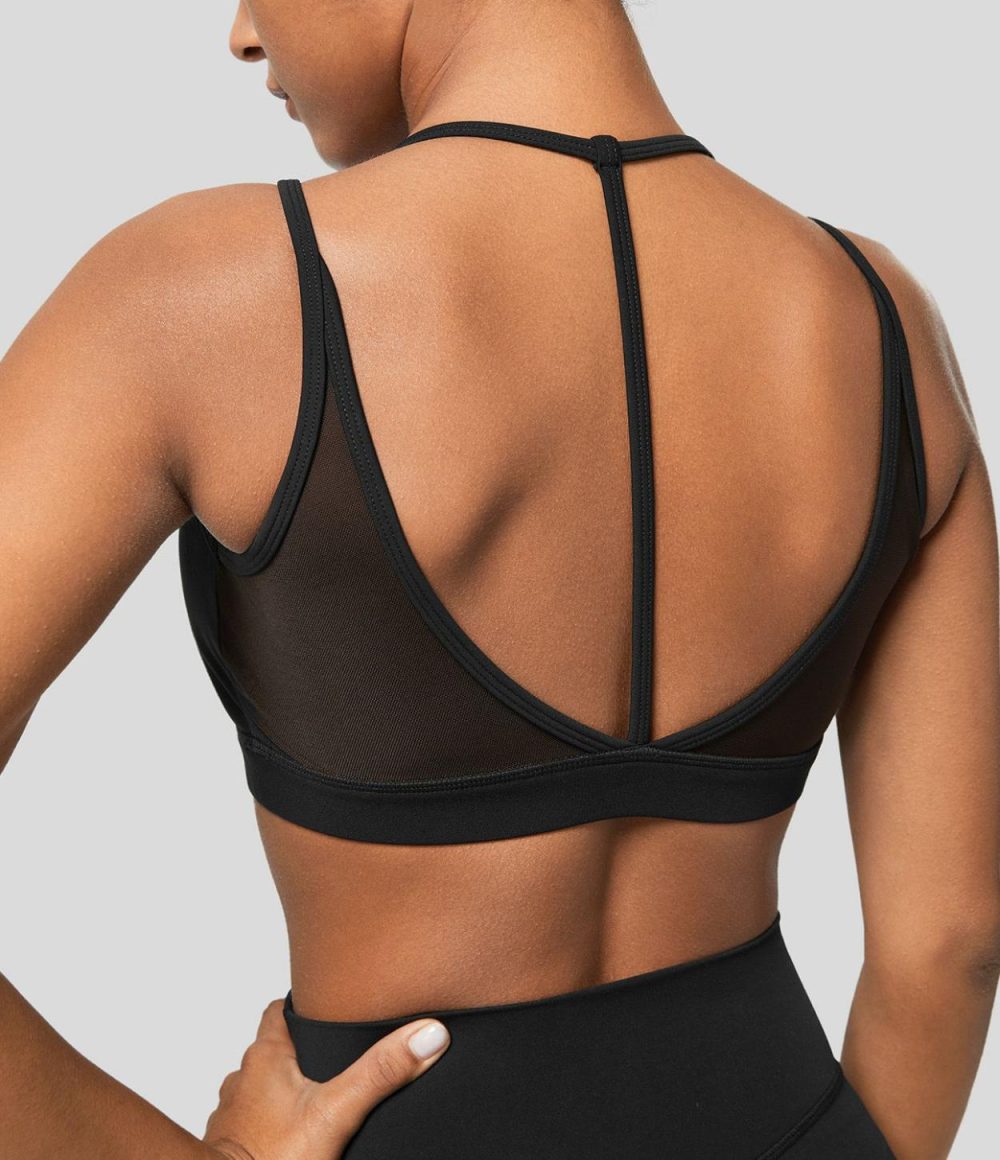 Softlyzero™ Low Support Halter Backless Contrast Mesh Yoga Sports Bra-UPF50+  | Womens  Sports Bras Clothing Grass Grey Green/Black